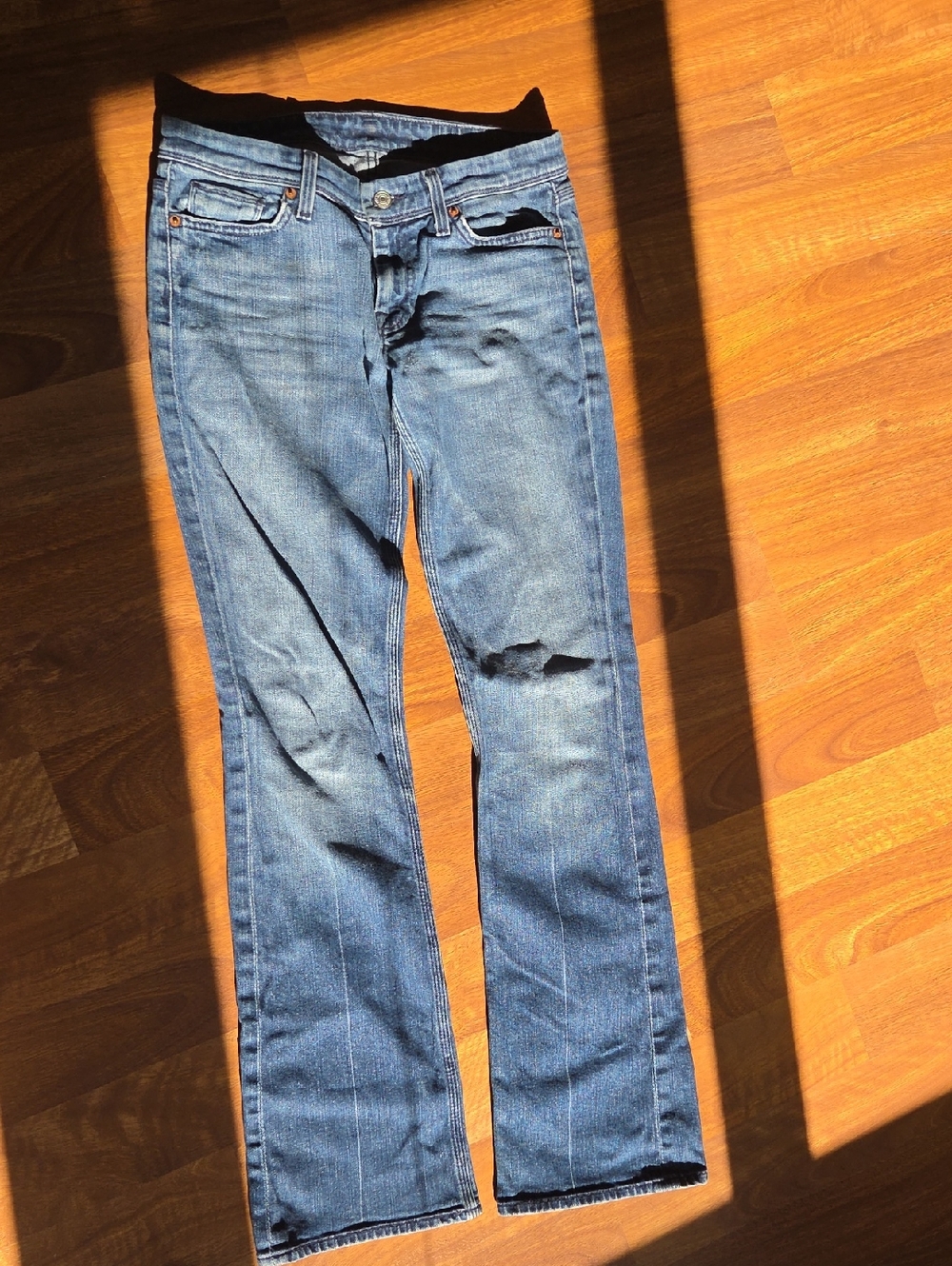 7 For All Mankind Blue Bootcut Jeans with Light Distress